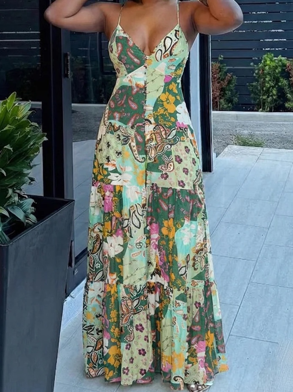 Girls' Green Floral Patchwork Maxi Dress with Spaghetti Straps